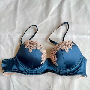 NWOT Elle MacPherson Intimates $105 Blue Silk Demi Bra w/ Lace Trim, Size 34A